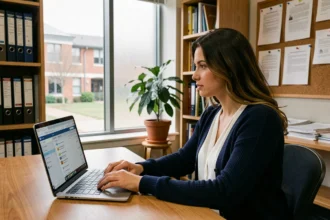 Femme utilisant une messagerie académique sur un ordinateur portable dans un bureau universitaire de Toulouse