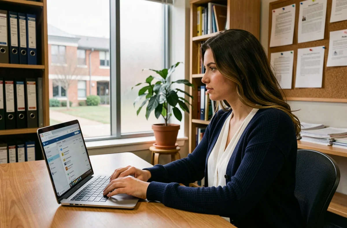 Femme utilisant une messagerie académique sur un ordinateur portable dans un bureau universitaire de Toulouse
