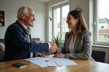 Senior en costume serrant la main d'une jeune investisseuse