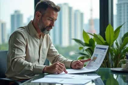 Expatrié occidental examinant un contrat immobilier pour l'achat d'un condominium en Thaïlande