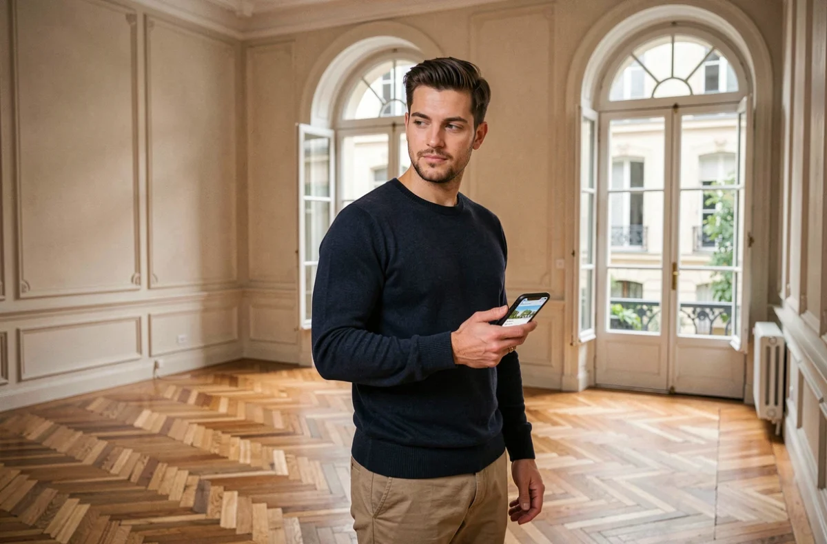 Acheteur consultant une application immobilière dans un appartement parisien de luxe lors d'une visite Kretz