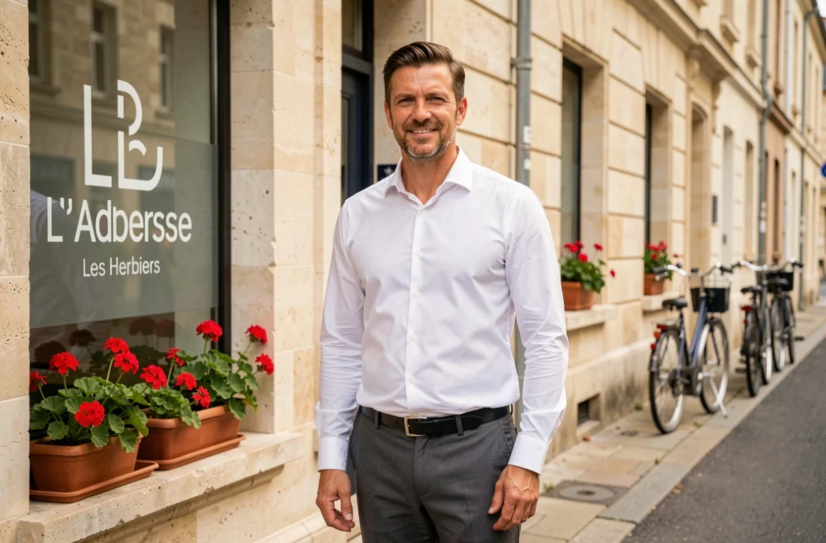 Agent immobilier devant l'agence L'Adresse Les Herbiers dans le centre-ville