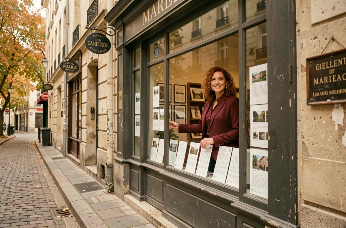Façade de l'Agence des Enfants Rouges dans le quartier du Marais à Paris avec annonces immobilières en vitrine