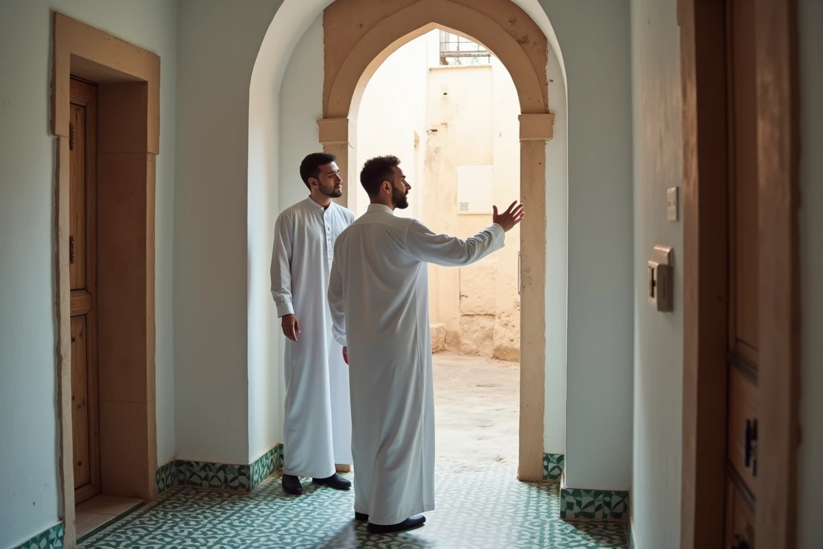 Agent immobilier présentant un appartement à louer dans la médina d'Essaouira à un futur locataire