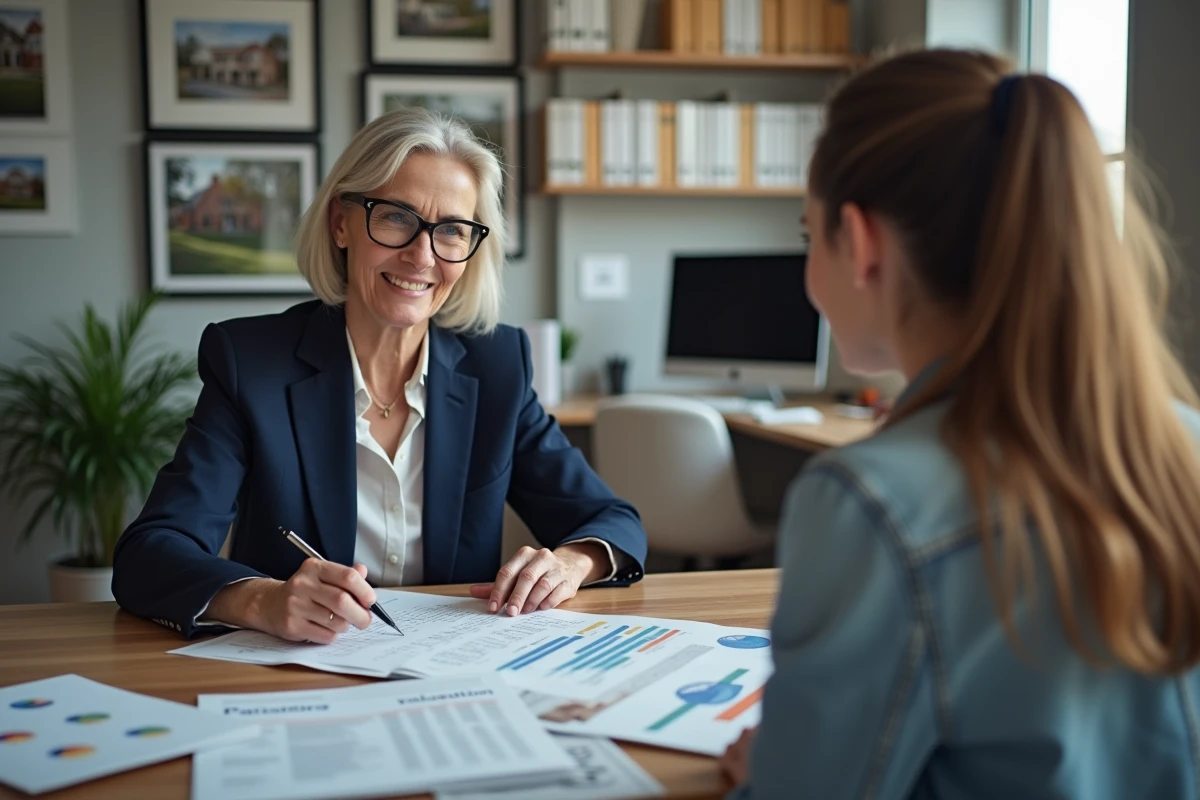 Agent immobilier conseillant une femme sur la vente rapide d'un bien immobilier dans le cadre d'un divorce