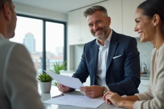 Agent immobilier souriant avec couple dans appartement moderne