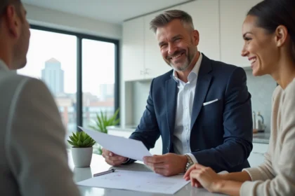 Agent immobilier souriant avec couple dans appartement moderne
