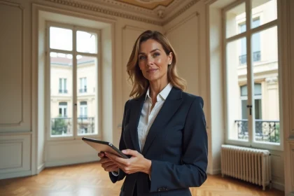 Agent immobilier tenant une tablette avec estimation en ligne dans un appartement haussmannien à Lyon