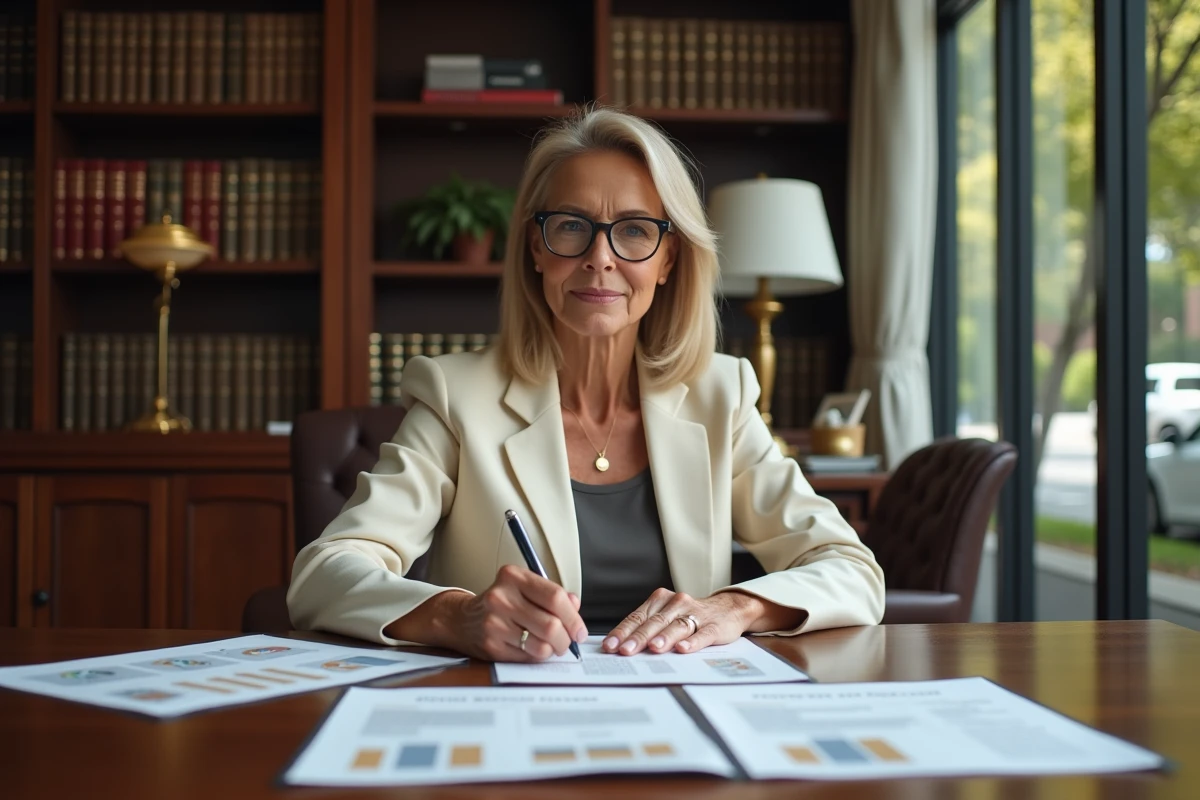 Agent immobilière spécialisée dans la vente confidentielle de maisons de prestige analysant une estimation détaillée