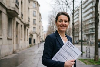 Agent immobilier tenant un document de comparaison de prix entre les quartiers Gratte-Ciel et Charpennes à Villeurbanne