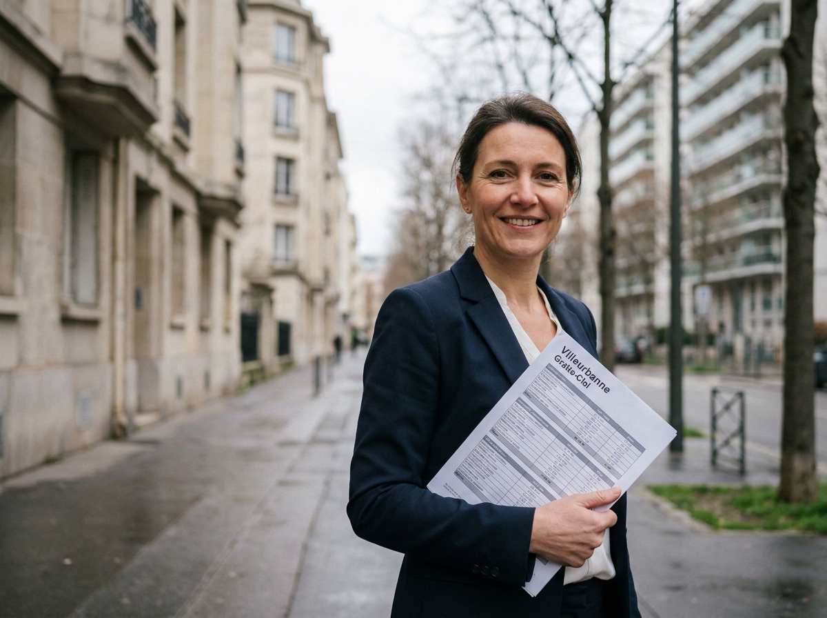 Agent immobilier tenant un document de comparaison de prix entre les quartiers Gratte-Ciel et Charpennes à Villeurbanne