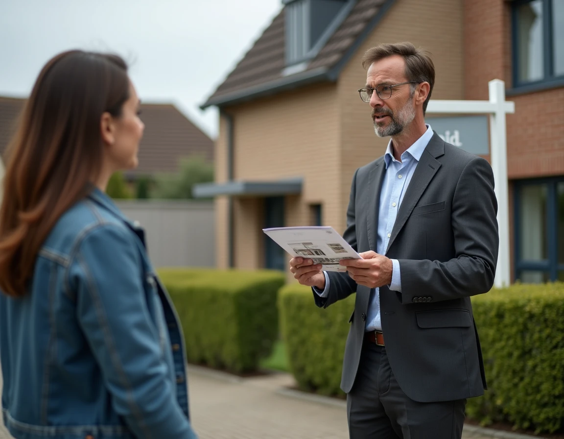 Agent immobilier expliquant les honoraires à la charge du vendeur devant une maison à vendre
