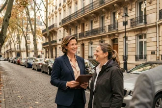 Agent immobilier Kretz Family devant un immeuble haussmannien parisien avec des clients acheteurs