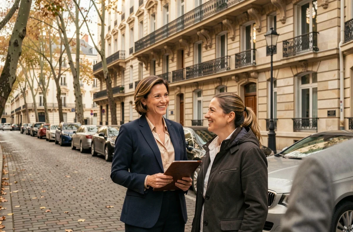 Agent immobilier Kretz Family devant un immeuble haussmannien parisien avec des clients acheteurs