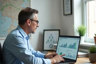 Agent immobilier utilisant un logiciel d'estimation immobilière sur ordinateur portable dans un bureau moderne