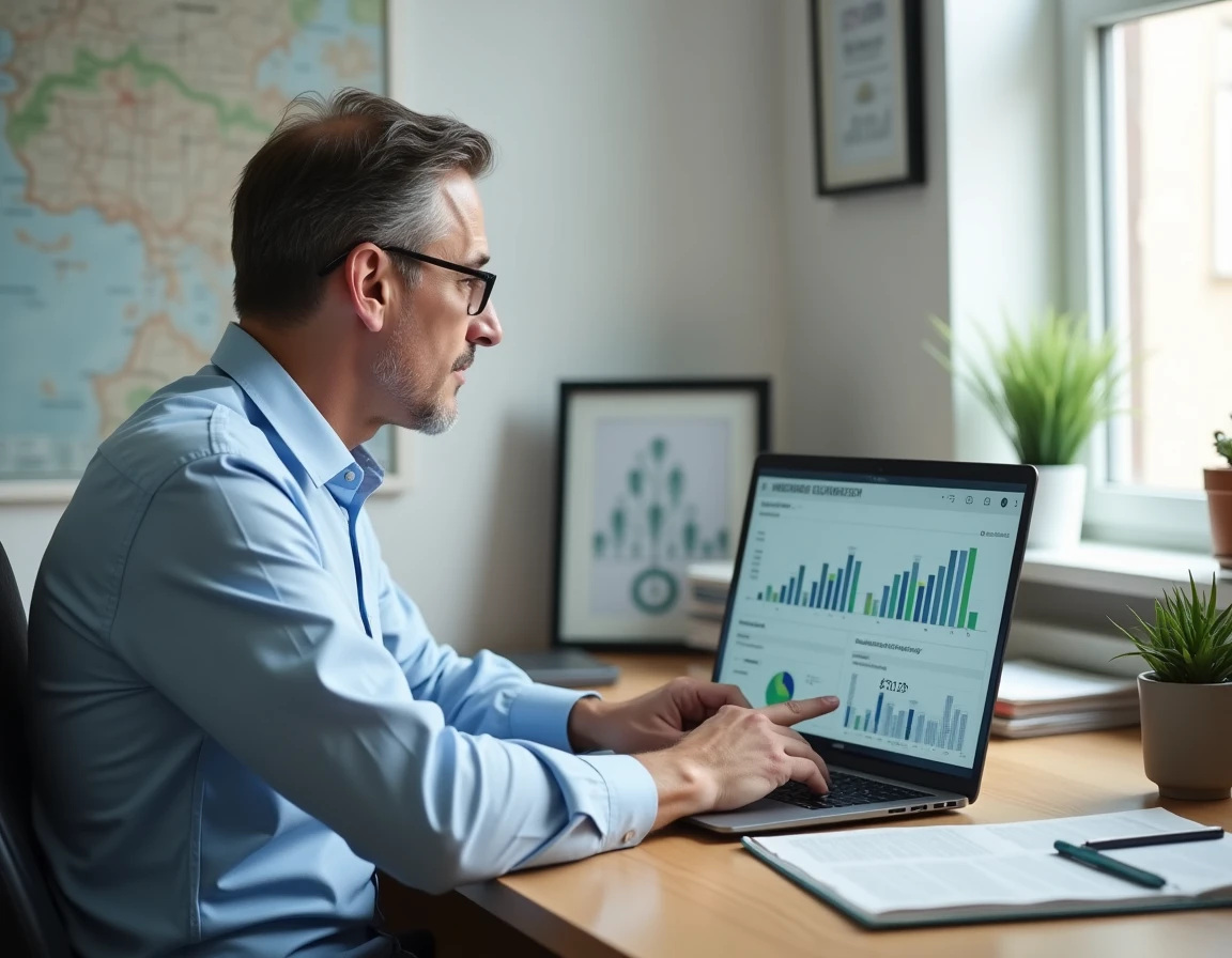 Agent immobilier utilisant un logiciel d'estimation immobilière sur ordinateur portable dans un bureau moderne