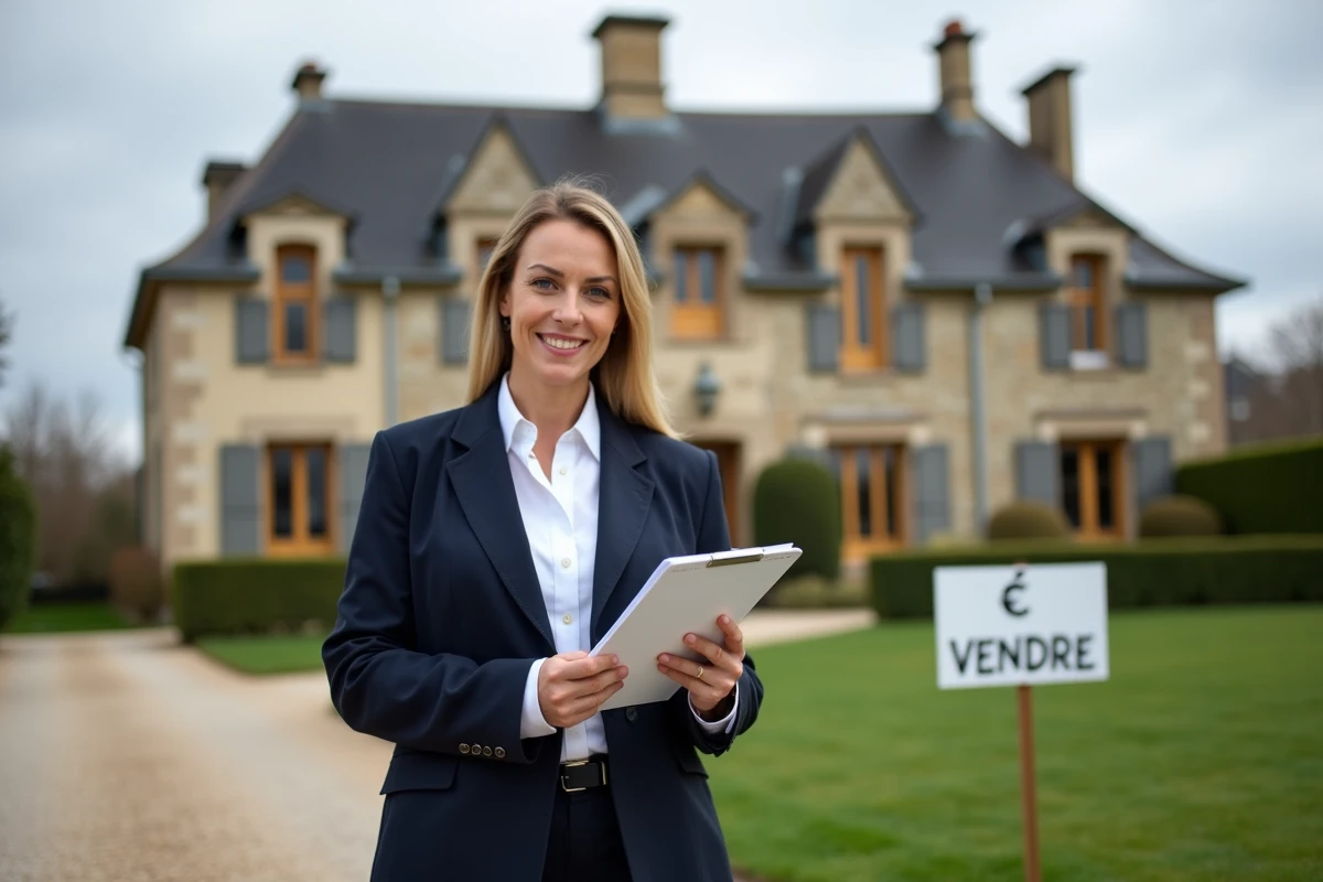 Agent immobilière devant une maison en pierre à vendre en urgence dans un village de l'Oise suite à un divorce