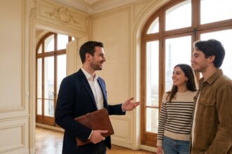 Agent immobilier parlant avec un couple dans un appartement parisien