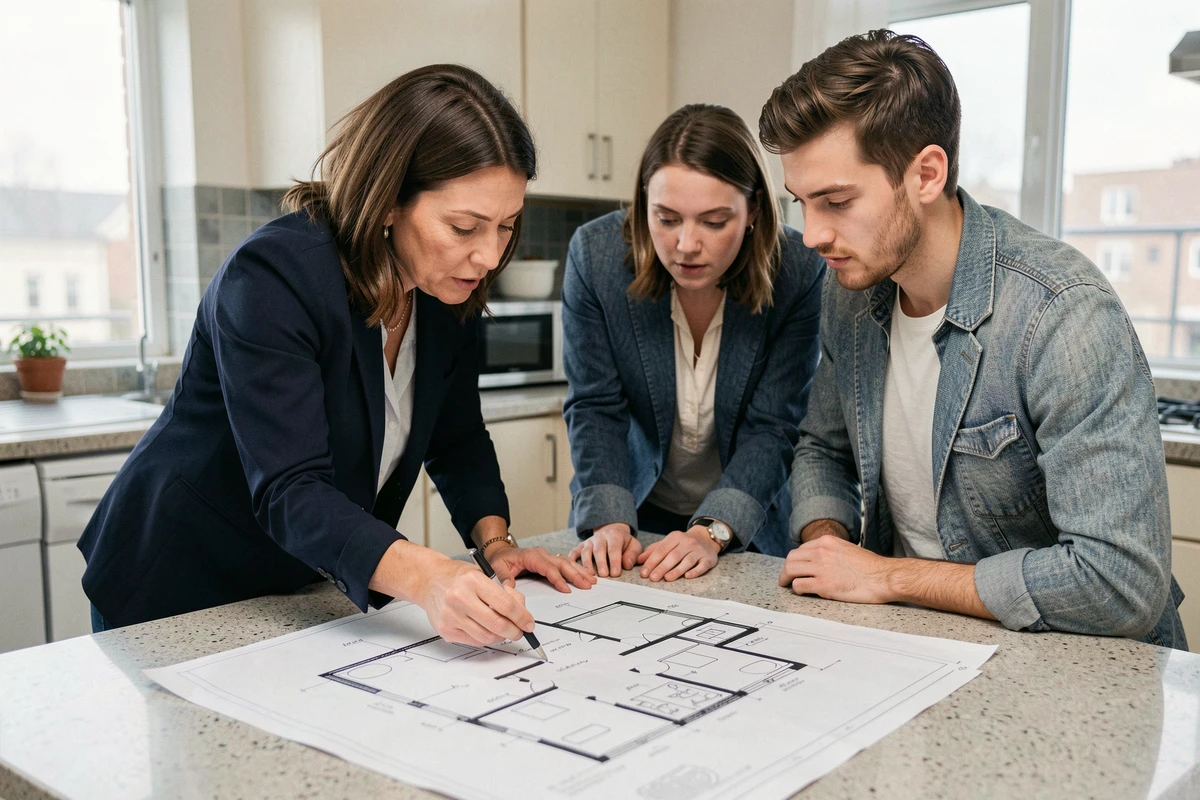 Agent immobilier expliquant le plan d'un T2 avec mini chambre à un couple d'acheteurs, loi Carrez et surface minimum