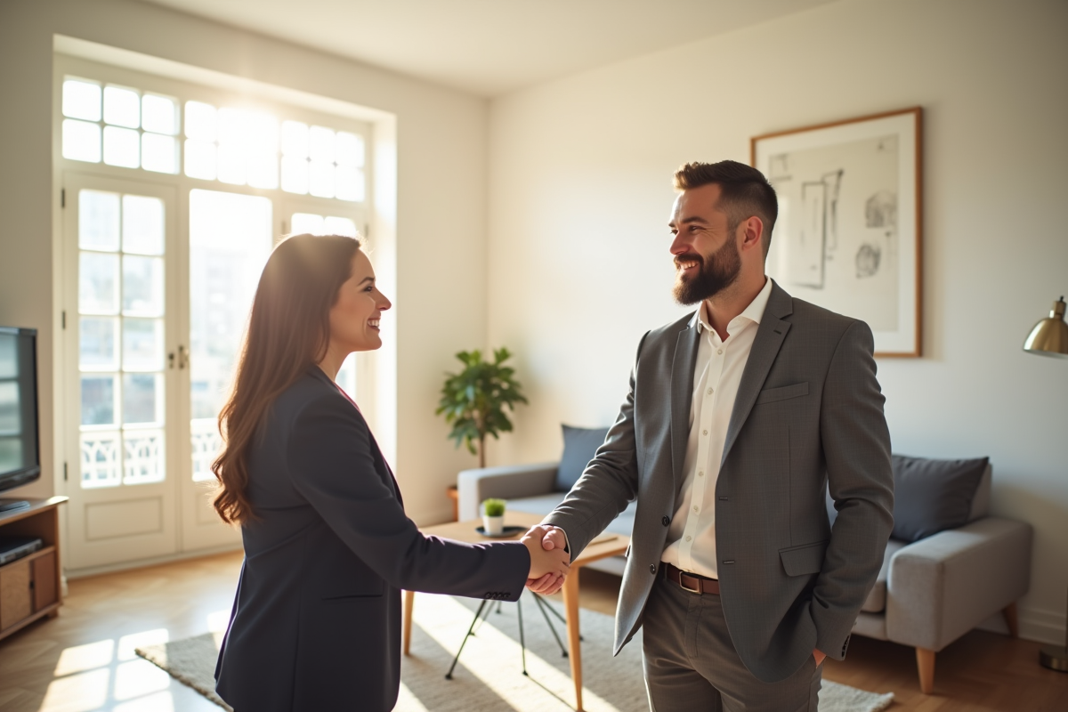 Agent immobilier souriant avec locataire dans un appartement rénové