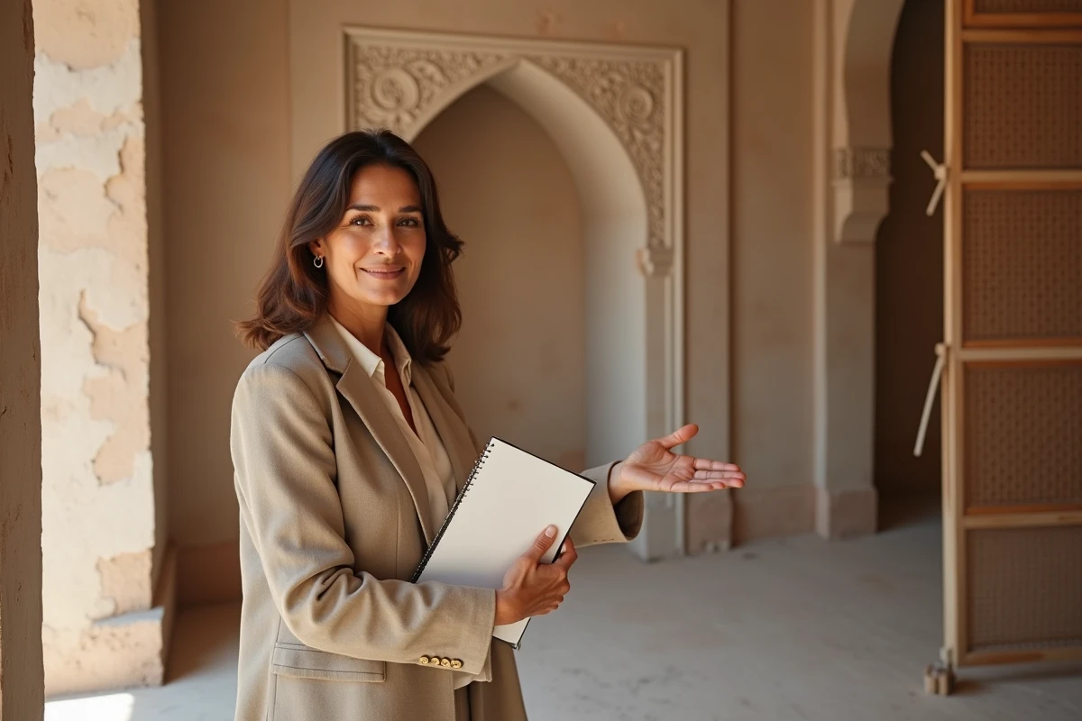 Agent immobilier présentant un petit riad en cours de rénovation à vendre dans la médina de Marrakech