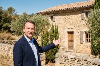Agent immobilier devant une maison en pierre typique du village de Saint-Martin-de-Londres dans l'Hérault