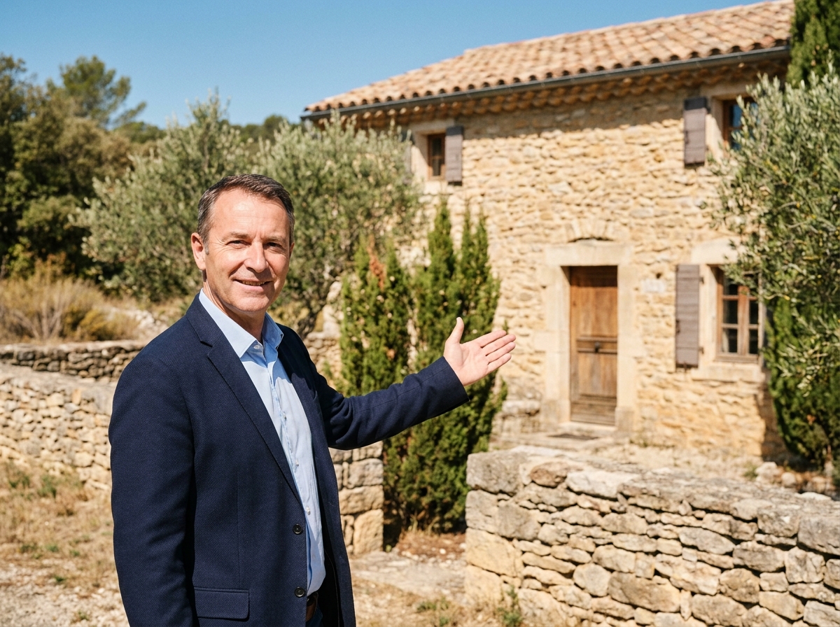 Agent immobilier devant une maison en pierre typique du village de Saint-Martin-de-Londres dans l'Hérault