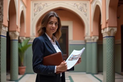 Agent immobilière marocaine présentant un appartement à vendre à Marrakech avec documents de vente