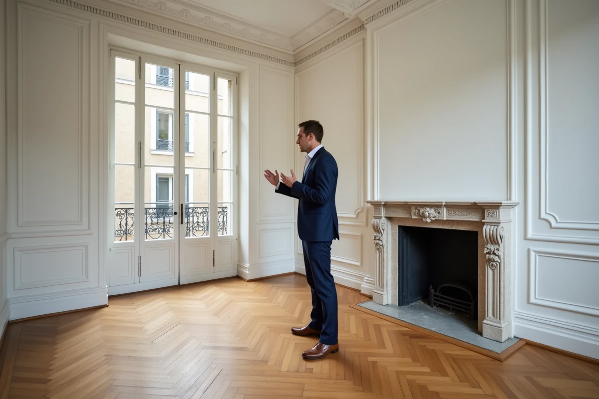 Agent immobilier présentant un appartement vide avec parquet en chevron et moulures à Paris lors d'une visite