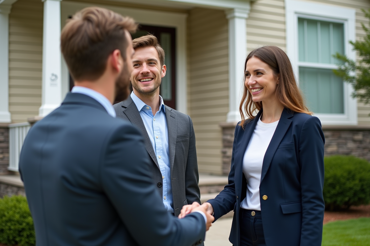 Agent immobilier donnant les clés à un couple devant une maison