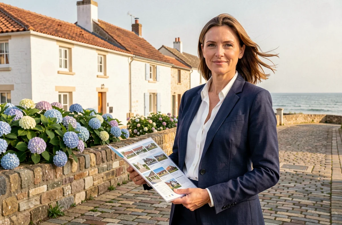 Agente immobilière professionnelle devant un village côtier typique de Vendée avec maisons en pierre blanche