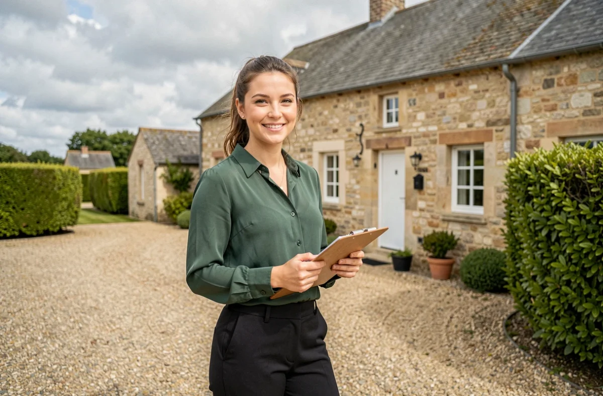 Agente AJP Immobilier présentant une ferme vendéenne en pierre dans le bocage