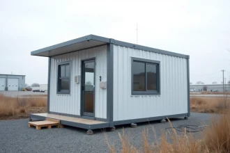Bureau temporaire ALGECO d'occasion installé sur un chantier avec façade blanche et grandes fenêtres