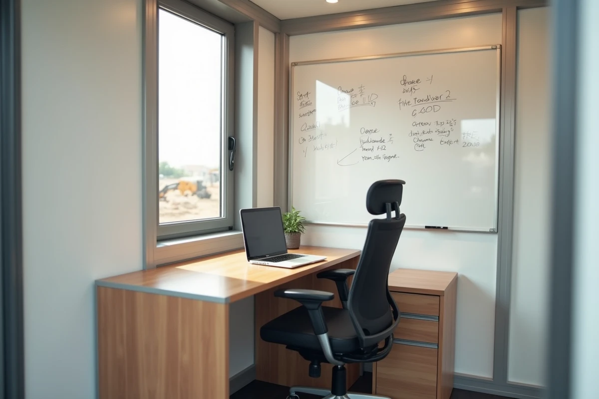Intérieur aménagé d'un module ALGECO d'occasion avec bureau, ordinateur et tableau blanc pour espace de travail temporaire