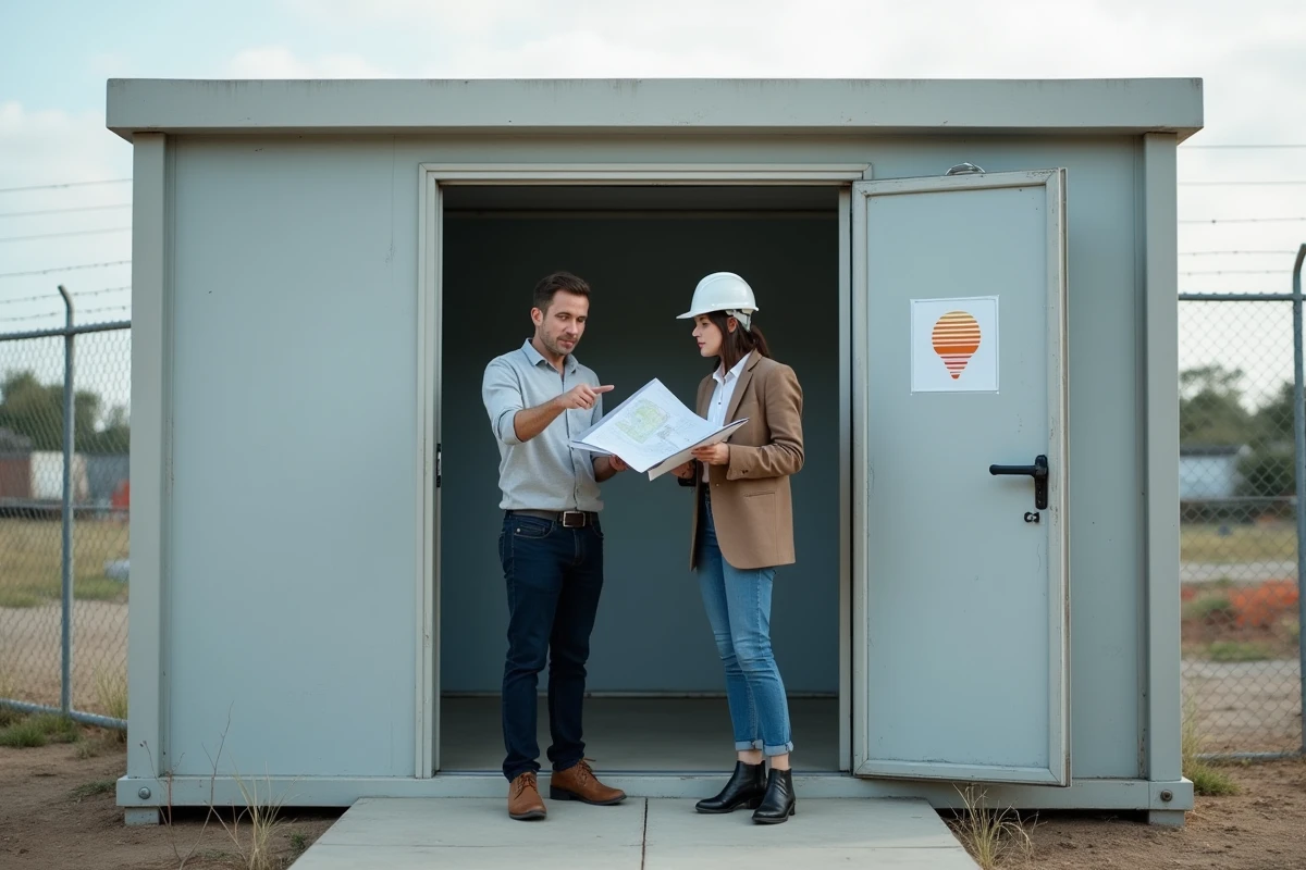 Deux professionnels discutant devant un bureau modulaire ALGECO d'occasion sur un site industriel temporaire