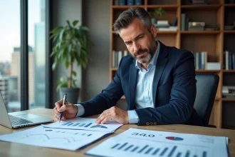 Analyste immobilier étudiant l'évolution de l'indice des loyers commerciaux sur des graphiques financiers dans un bureau moderne