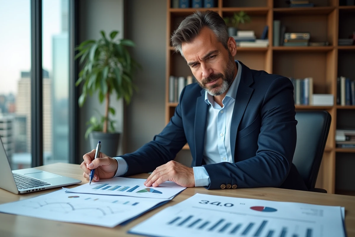 Analyste immobilier étudiant l'évolution de l'indice des loyers commerciaux sur des graphiques financiers dans un bureau moderne