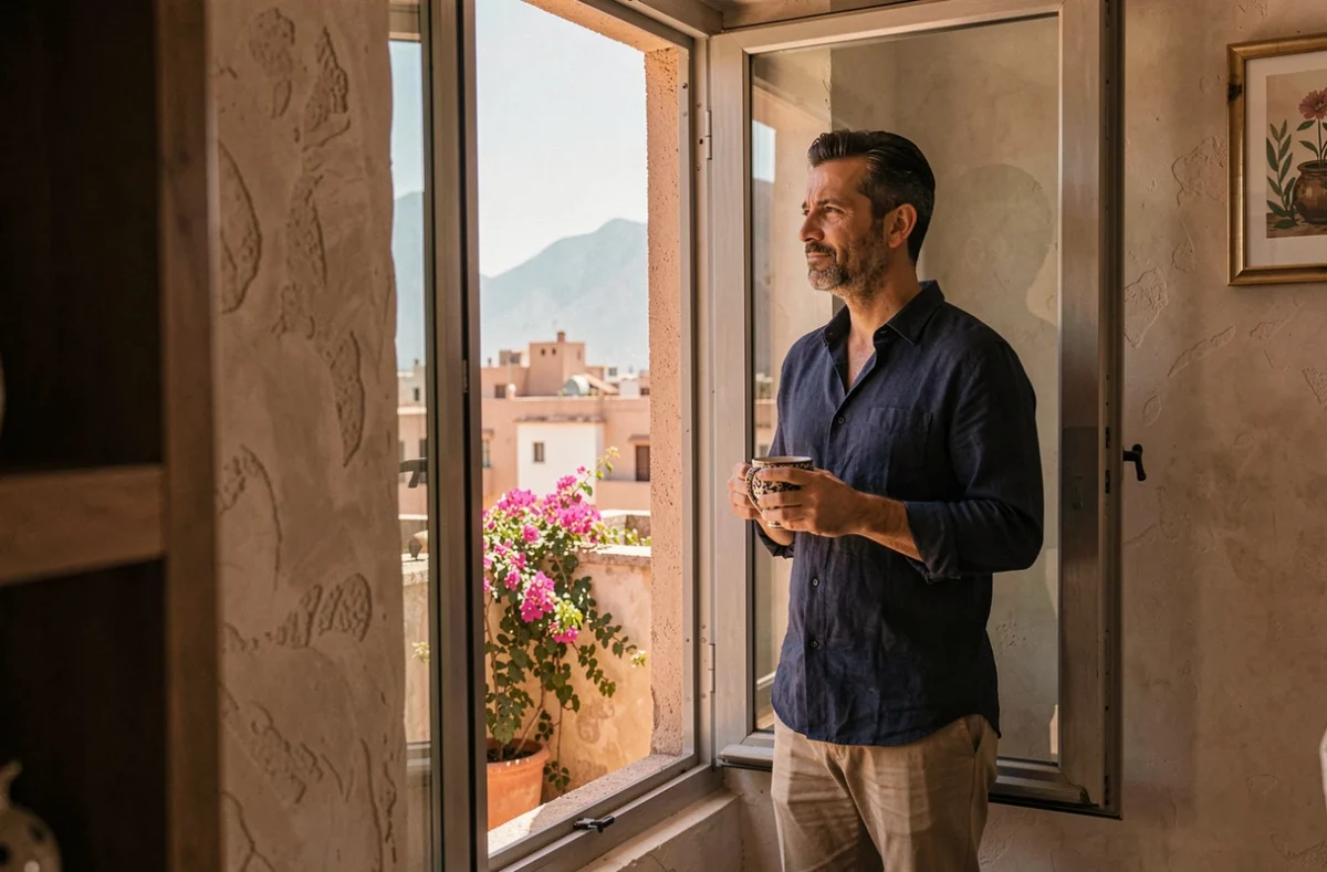Homme en pause télétravail à la fenêtre d'un appartement lumineux à vendre à Guéliz Marrakech avec vue sur la ville