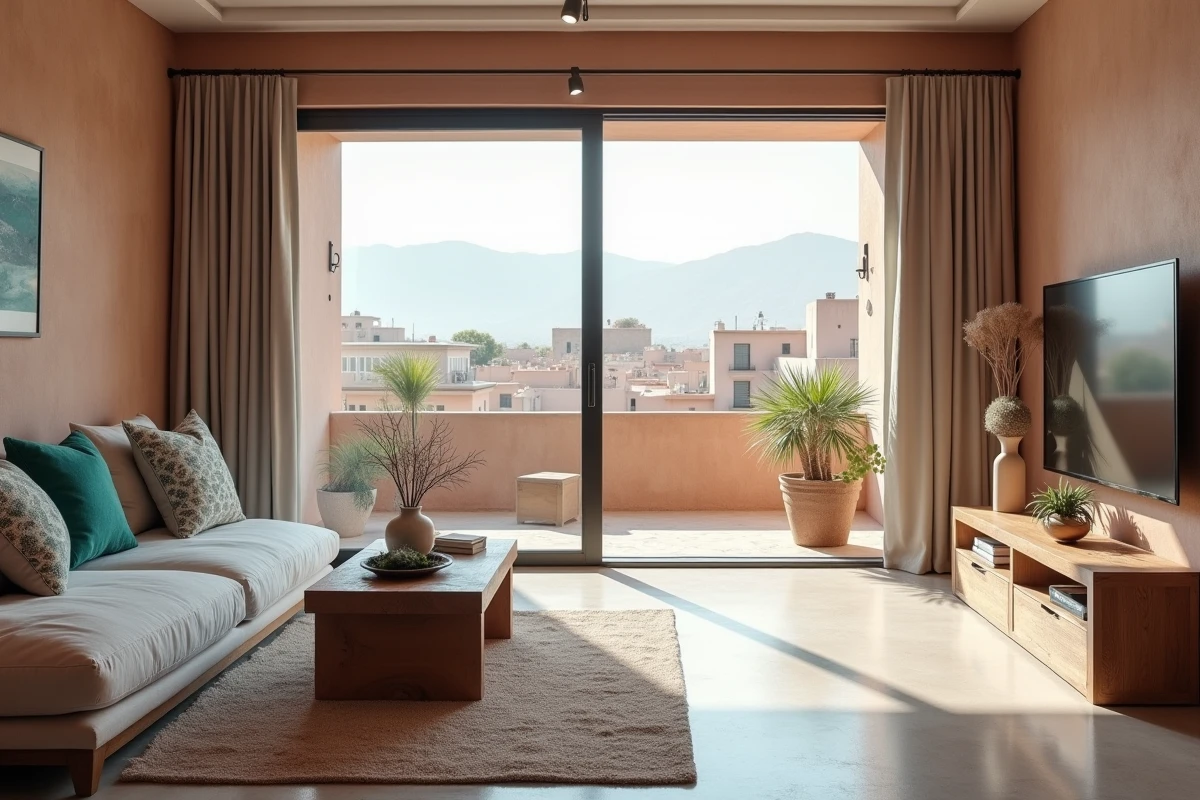 Intérieur d'un appartement à vendre à Marrakech avec vue sur les toits de la médina et l'Atlas