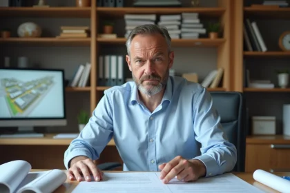 Architecte lisant un refus de certificat d'urbanisme opérationnel à son bureau couvert de plans et documents administratifs