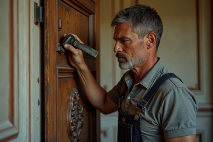 Artisan en train de restaurer une porte ancienne à Paris