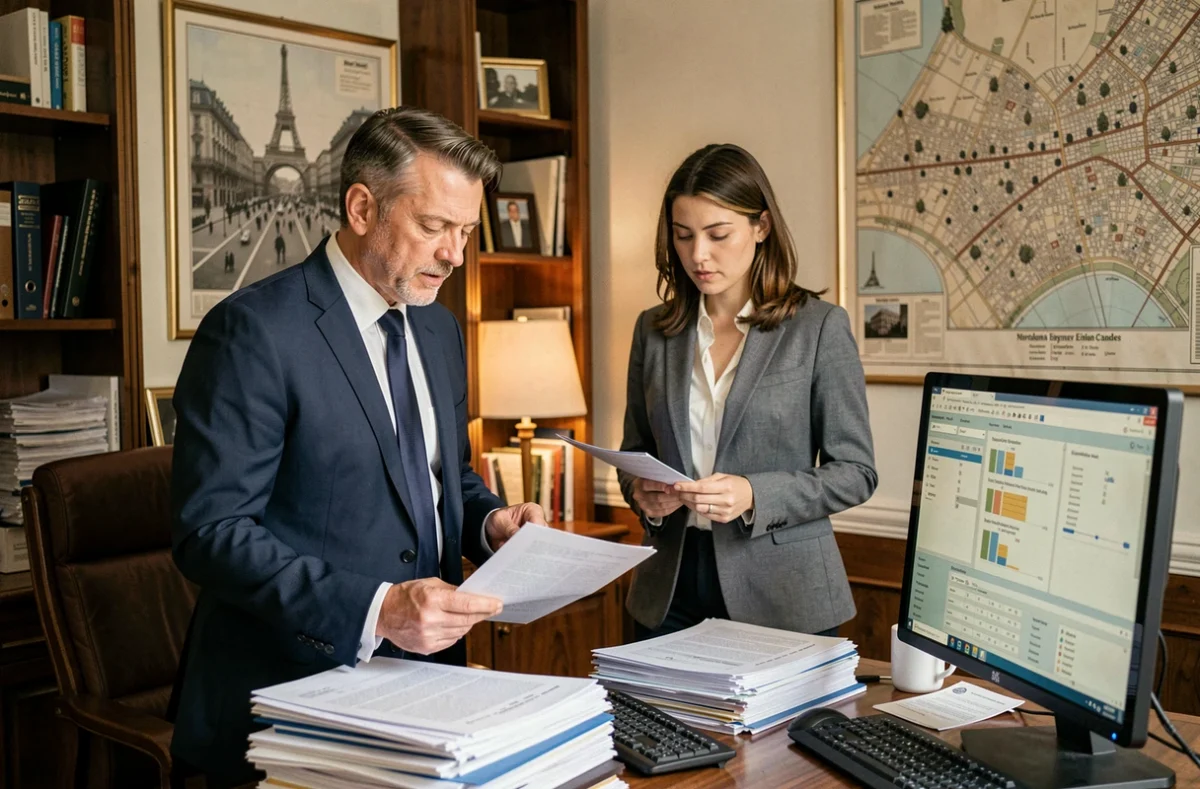 Équipe d'Atrium Gestion gérant des dossiers de gestion immobilière dans un bureau parisien classique