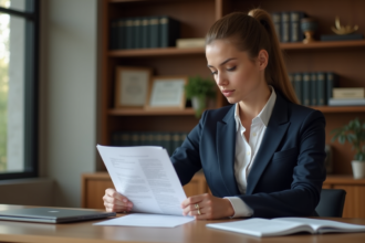 Femme avocate en costume bleu examine des documents de prêt immobilier