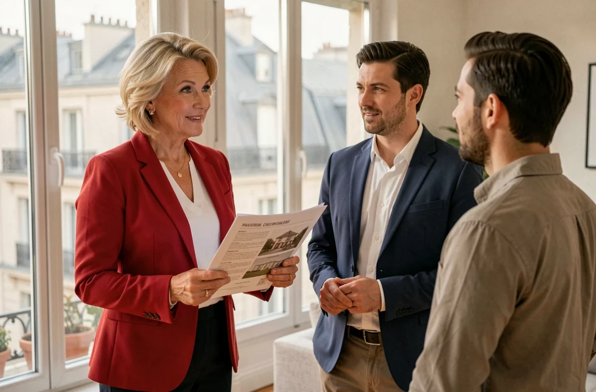 Rhonda Weiss d'AXO L'immobilier Actif consultant avec des clients dans un appartement parisien moderne