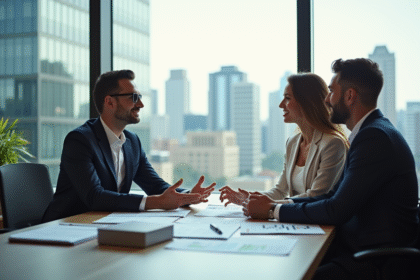 Banquier professionnel discutant prêt immobilier avec un couple