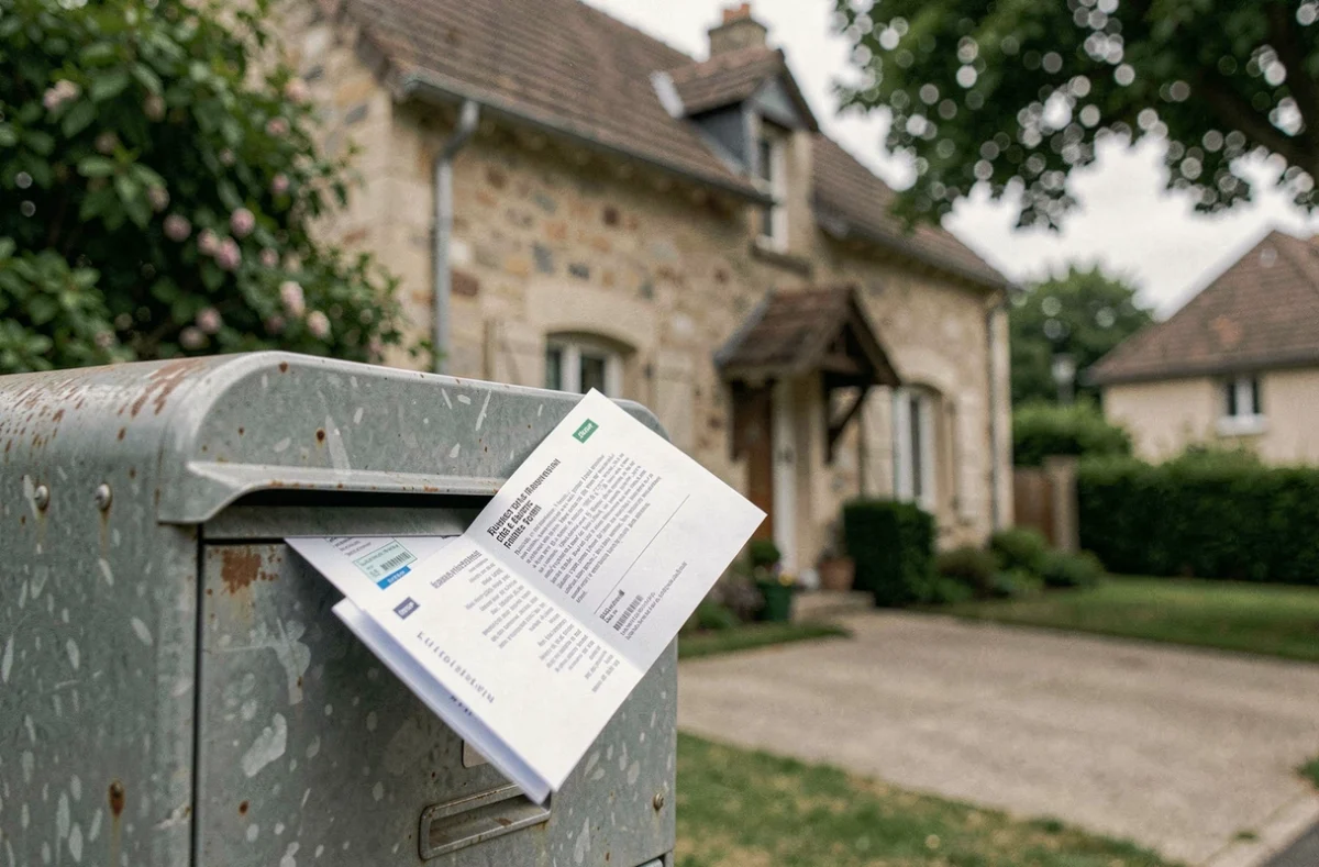 Boîte aux lettres d'une maison française avec une lettre d'augmentation d'assurance habitation en évidence