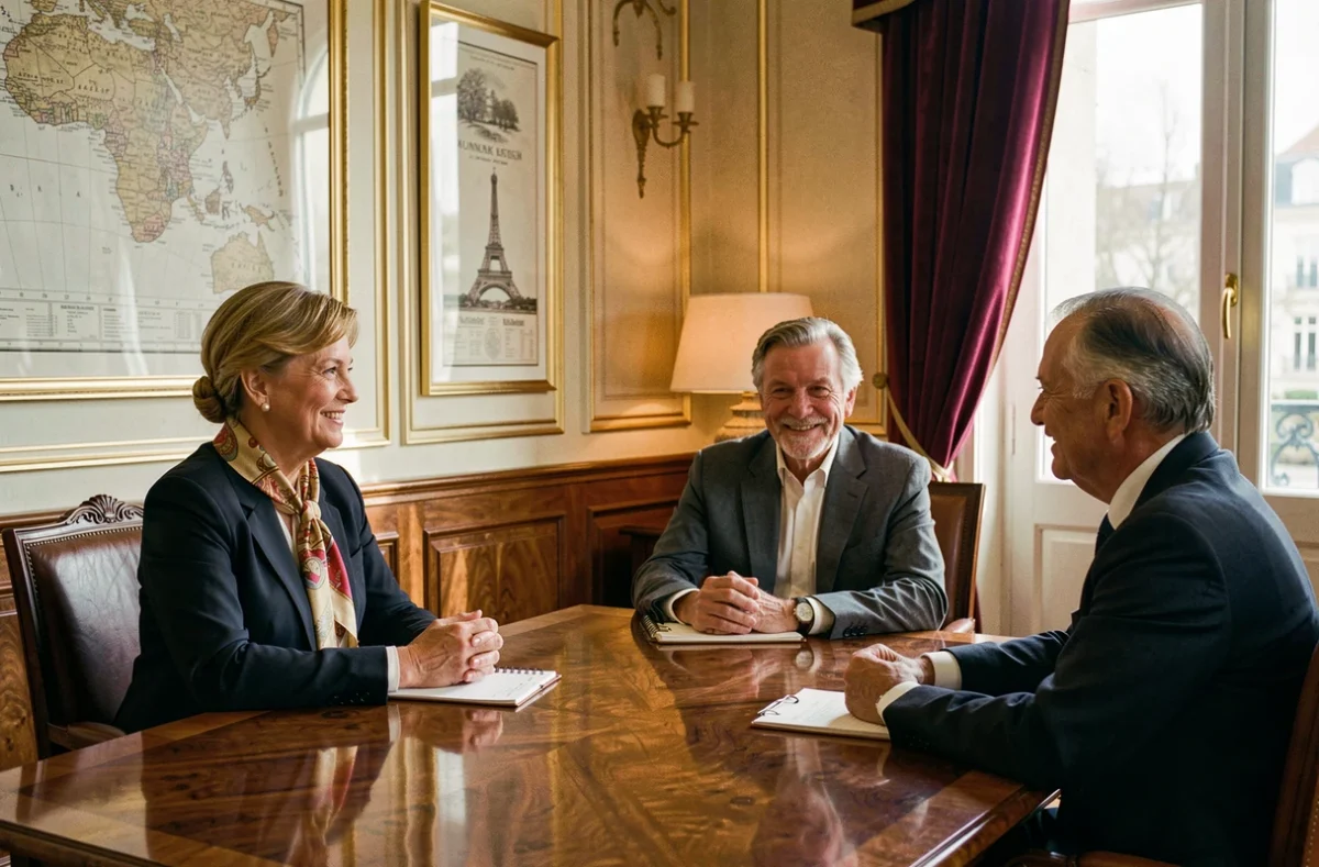Agent de l'agence Breteuil en réunion avec des clients dans un bureau classique et élégant à Paris