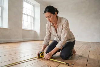 Femme mesurant la surface d'une pièce vide avec un mètre ruban pour calculer les mètres carrés habitables
