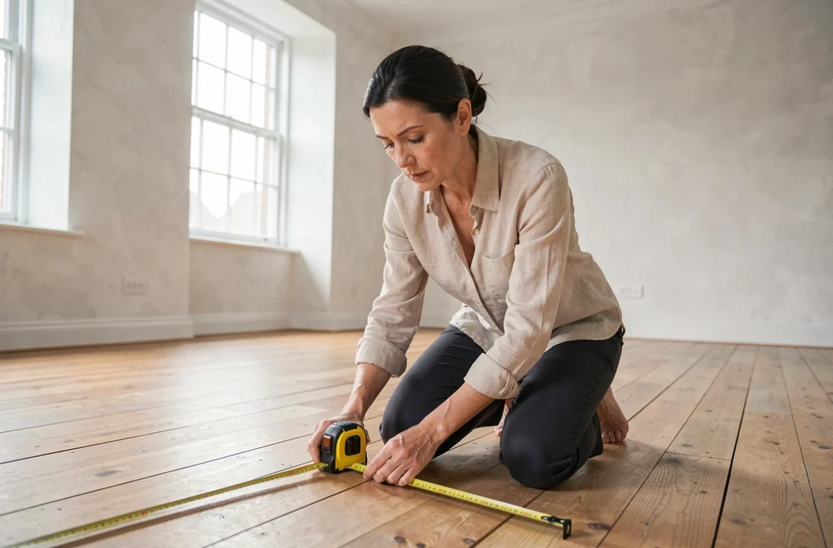 Femme mesurant la surface d'une pièce vide avec un mètre ruban pour calculer les mètres carrés habitables