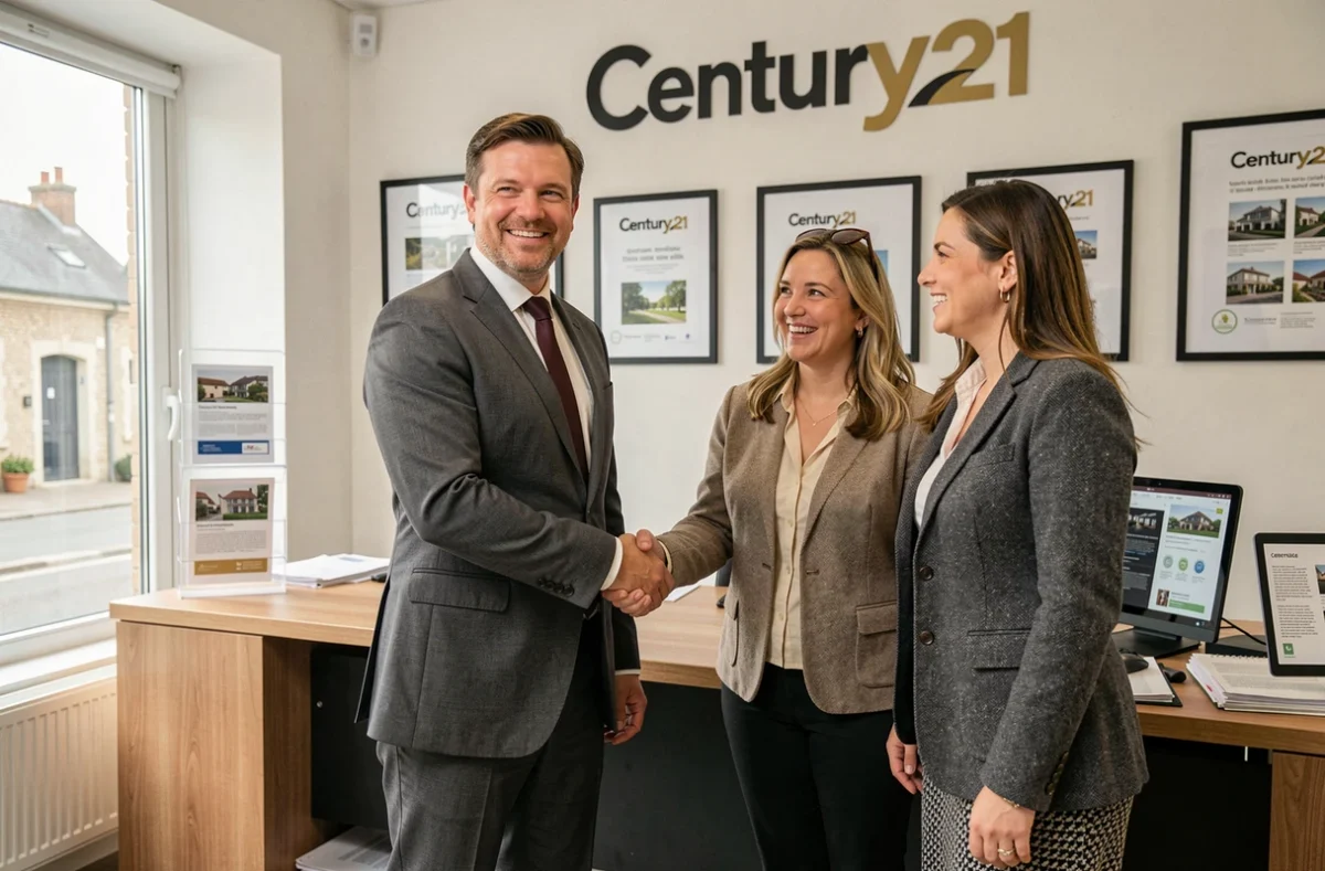 Agent Century 21 Vendée serrant la main d'un couple de clients dans l'agence